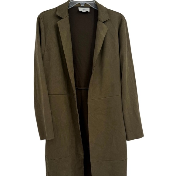 Zara Women's Green Faux Suede Open Front Long Coat Jacket Pockets Size Medium - Picture 2 of 10